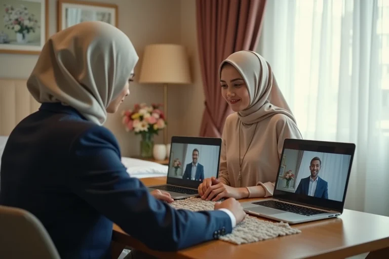 Couple musulman participant à une cérémonie de mariage à distance par appel vidéo, la mariée en hijab ivoire et le marié en costume bleu marine