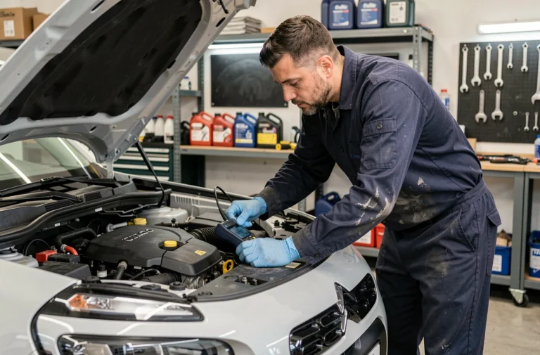 Mécanicien inspectant le moteur d'un Citroën C3 Aircross dans un garage automobile pour évaluer la compatibilité E85