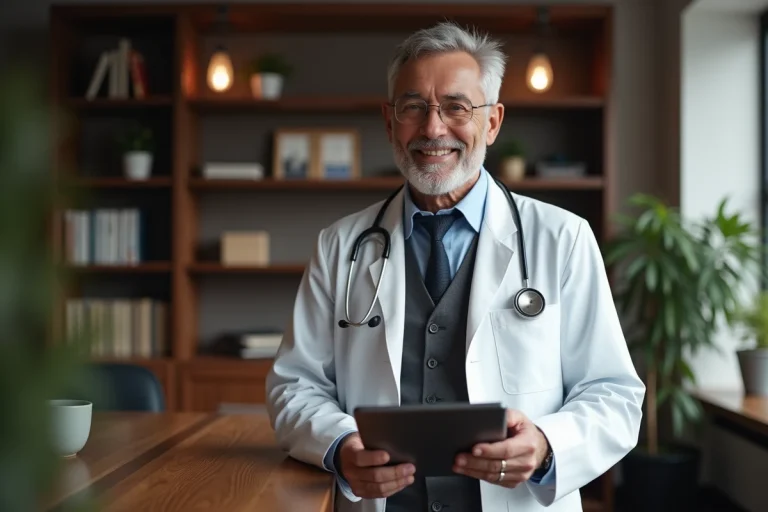Médecin confiant avec tablette dans un bureau moderne