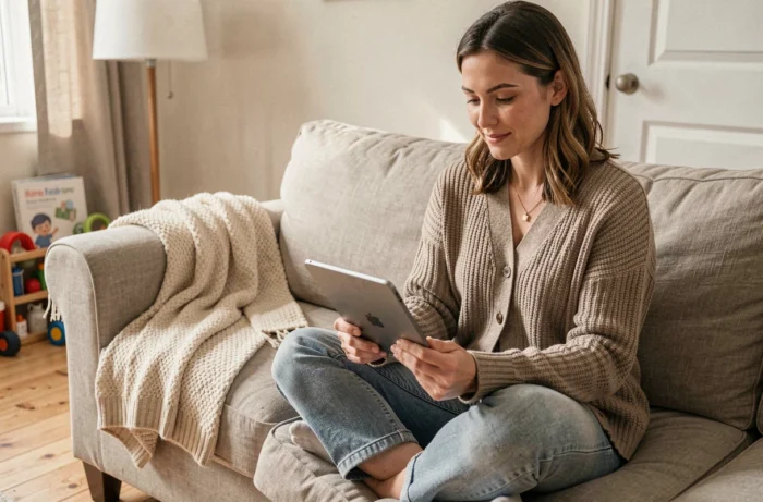Mère consultant la page de contact du site Bébé Magique sur une tablette depuis son salon familial