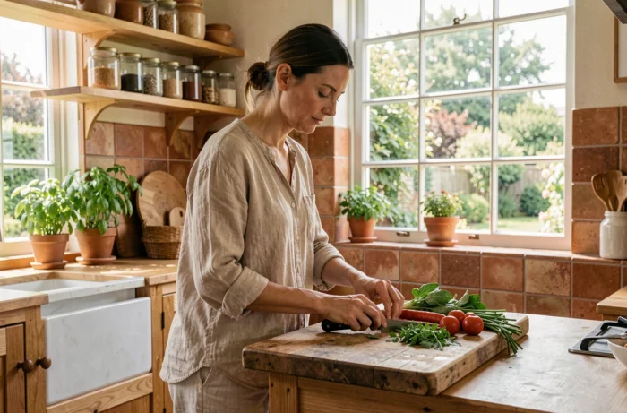 Femme préparant des légumes frais dans une cuisine naturelle en bois pour un mode de vie sain au quotidien