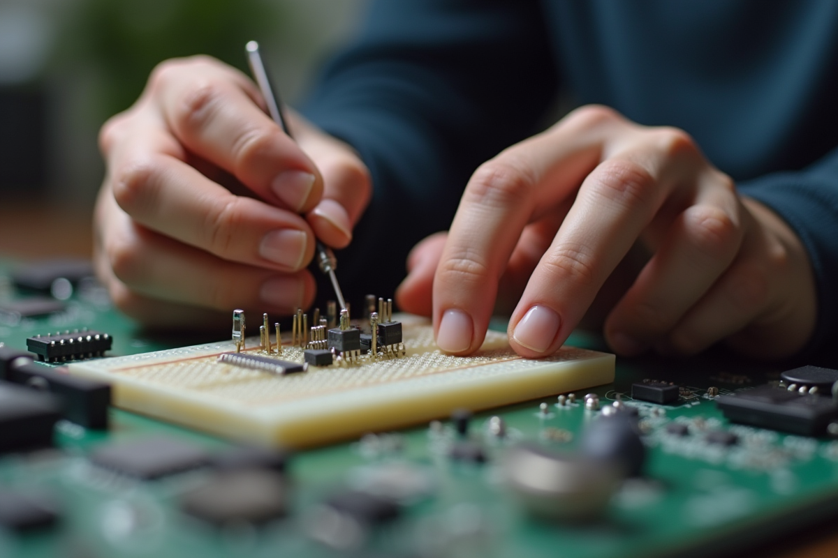 Mains assemblant un circuit sur une breadboard en gros plan