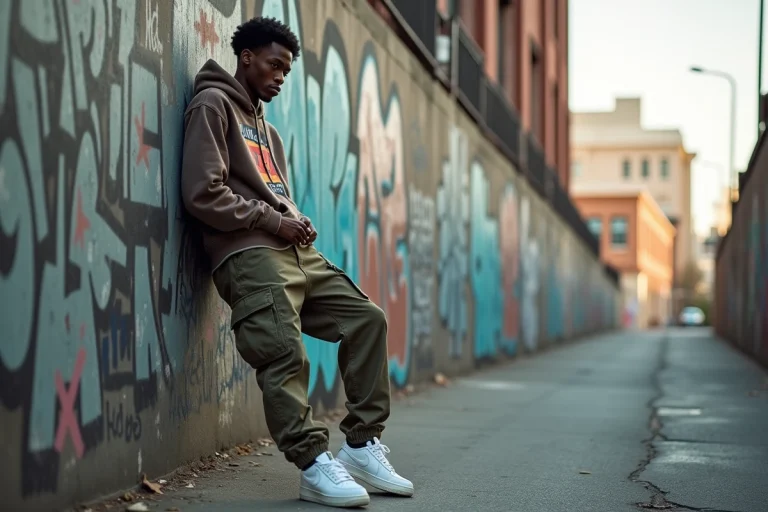 Jeune homme en tenue streetwear vintage devant un mur de graffitis à New York, représentant les origines de la culture urbaine