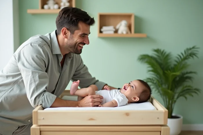 Papa jouant avec son bébé sur une table à langer en bois dans une chambre de bébé apaisante aux tons pastel, stimulant l'éveil de l'enfant