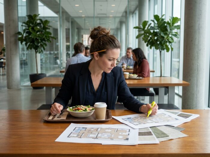 Femme consultant ses cours d'architecture d'intérieur pendant sa pause déjeuner au bureau