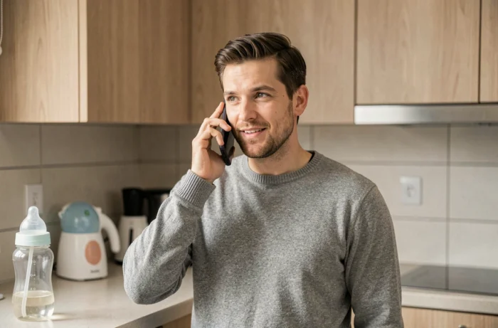 Père de famille appelant le service client Bébé Magique par téléphone depuis sa cuisine avec accessoires bébé en arrière-plan