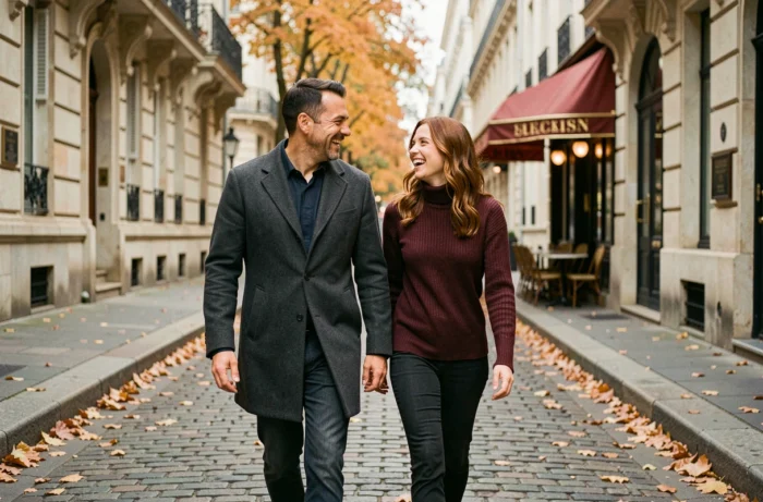 Couple complice marchant dans une rue pavée parisienne en automne, évoquant la vie de couple de Philippe Coelho et Anne-Élisabeth