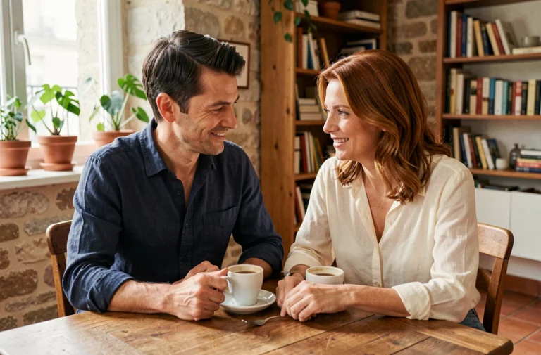 Philippe Coelho et Anne-Élisabeth partageant un moment intime autour d'un café dans leur appartement parisien en 2026