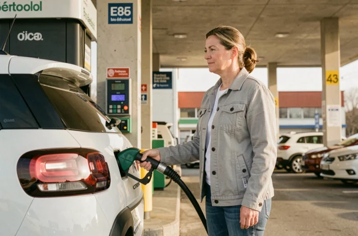 Femme faisant le plein d'E85 bioéthanol dans un Citroën C3 Aircross à une station-service