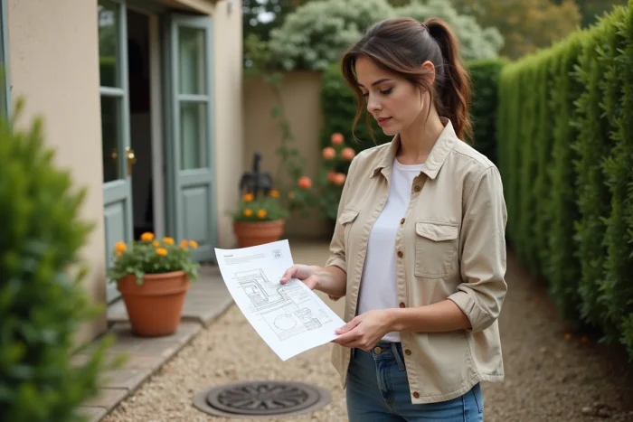 Propriétaire tenant un document officiel de raccordement au tout-à-l'égout devant un regard d'égout dans son jardin