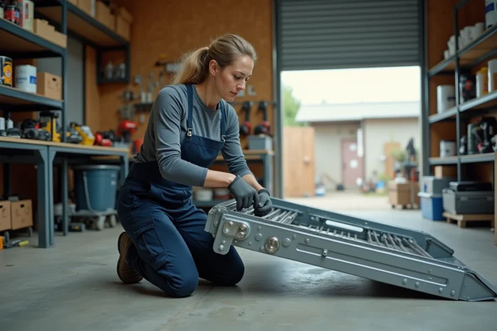 Femme inspectant le mécanisme d'une rampe de chargement pliable dans un atelier de bricolage bien équipé