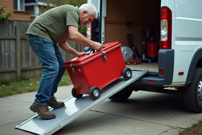 Homme utilisant une rampe de chargement en aluminium pour monter une caisse à outils dans un van utilitaire blanc dans une allée résidentielle