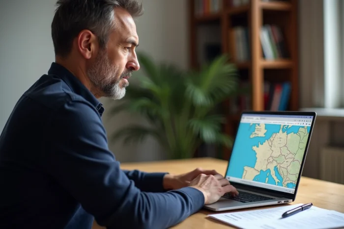 Un homme recherche le plan de raccordement au tout à l'égout en ligne depuis son bureau à domicile