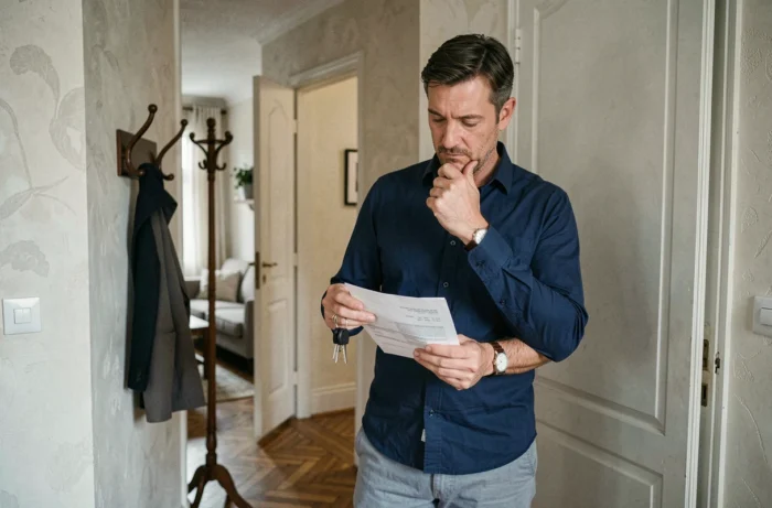 Propriétaire ou locataire tenant les clés et le bail d'un appartement meublé devant la porte d'entrée