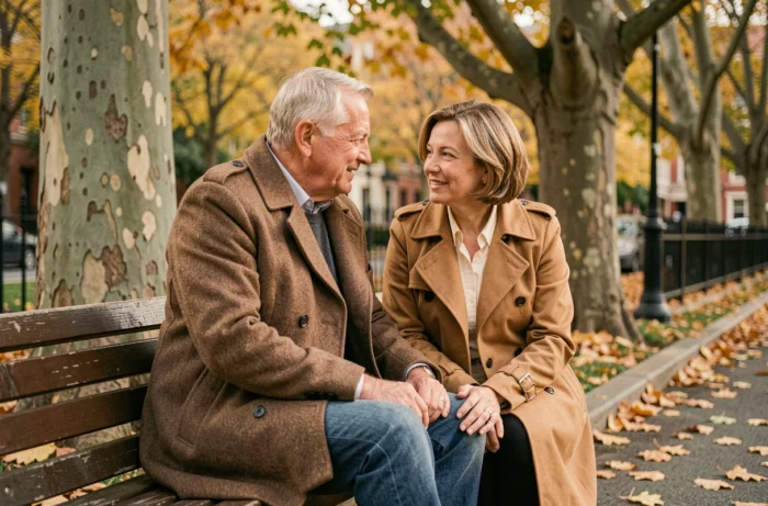 Un homme et une femme d'une soixantaine d'années en conversation sur un banc de parc en automne, symbolisant les nouvelles amitiés après 50 ans