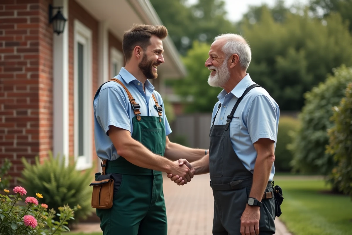 Jeune artisan serre la main à un client devant une maison