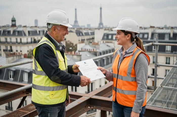 Ingénieur et coordinatrice de chantier signant un contrat administratif sur une plateforme en acier avec vue sur les toits de Paris