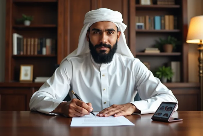 Homme musulman signant un contrat de mariage islamique avec un stylo plume, un smartphone affichant un appel vidéo posé sur le bureau à côté