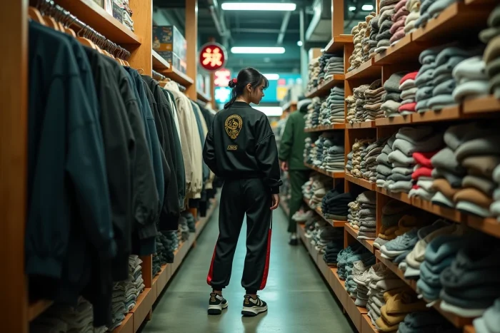 Femme japonaise inspectant des vêtements streetwear dans une boutique vintage de Tokyo, reflet de l'influence asiatique sur la mode urbaine