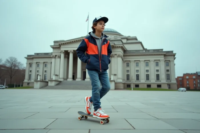 Adolescent en windbreaker vintage faisant du skateboard sur une place de Londres, évoquant les racines skate du streetwear des années 1990
