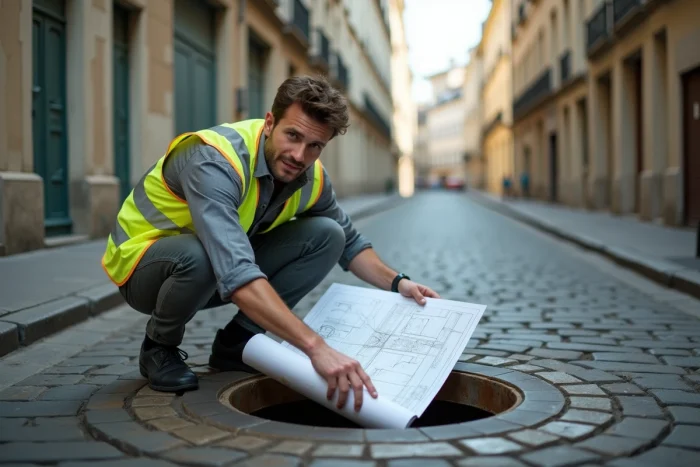 Un technicien examine un plan d'assainissement près d'un regard d'égout en milieu urbain