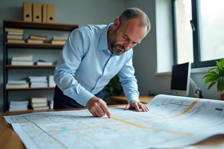 Technicien en urbanisme consultant un plan de réseau tout à l'égout étalé sur un bureau de bureau administratif