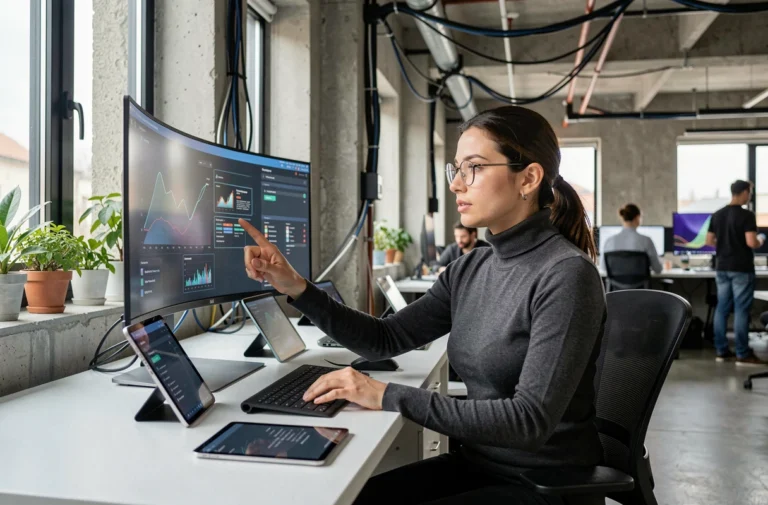 Femme développeuse web analysant des interfaces numériques modernes sur plusieurs écrans dans un bureau tech contemporain