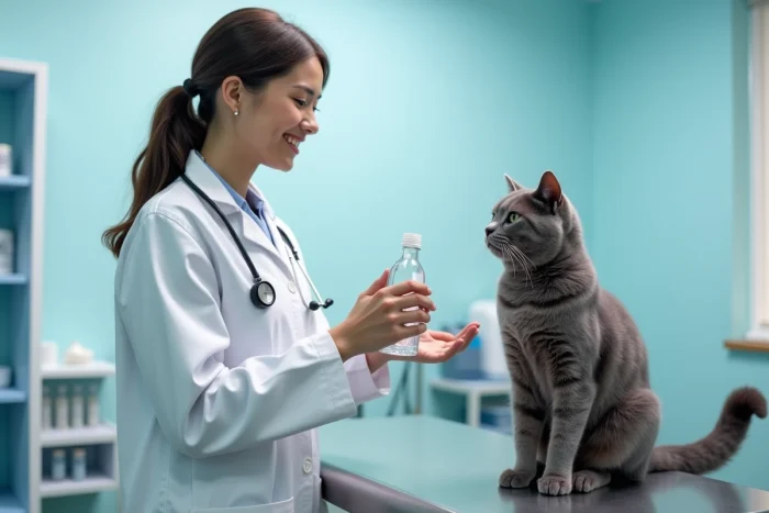 Vétérinaire femme présentant une bouteille d'eau minérale à côté d'un chat British Shorthair gris sur une table d'examen en cabinet vétérinaire